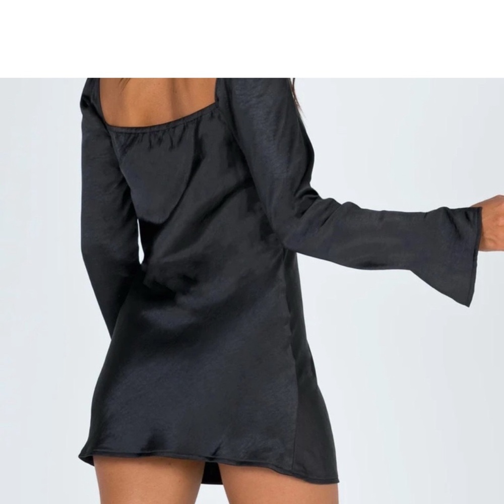 Princess Polly Satin Black Long Bell Sleeve Cowl‎ Neck Fit and Flare Mini Dress - Picture 2 of 8
